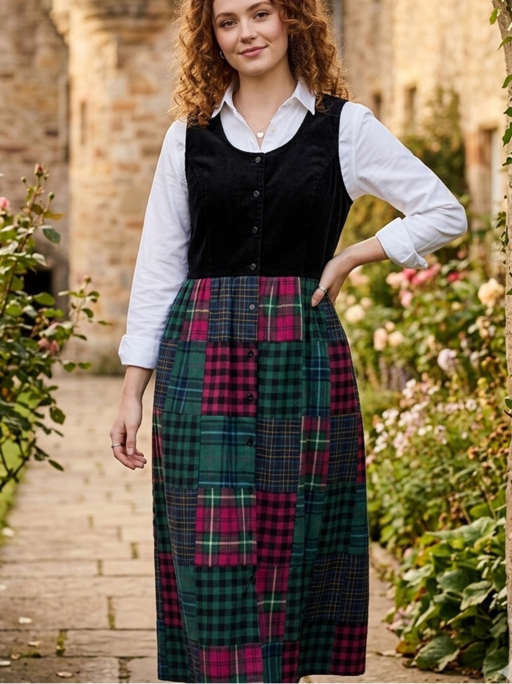 Vintage Susan Bristol Corduroy and Flannel Patchwork Jumper Dress